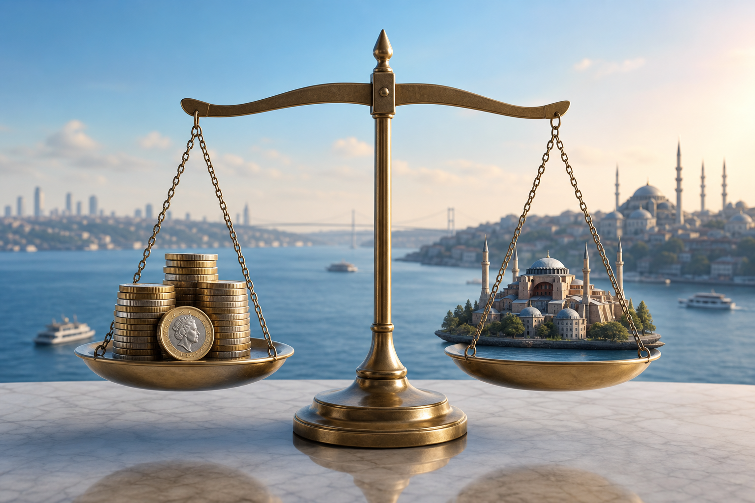 Balance scales weighing British pound coins against the Istanbul skyline — hair transplant cost comparison
