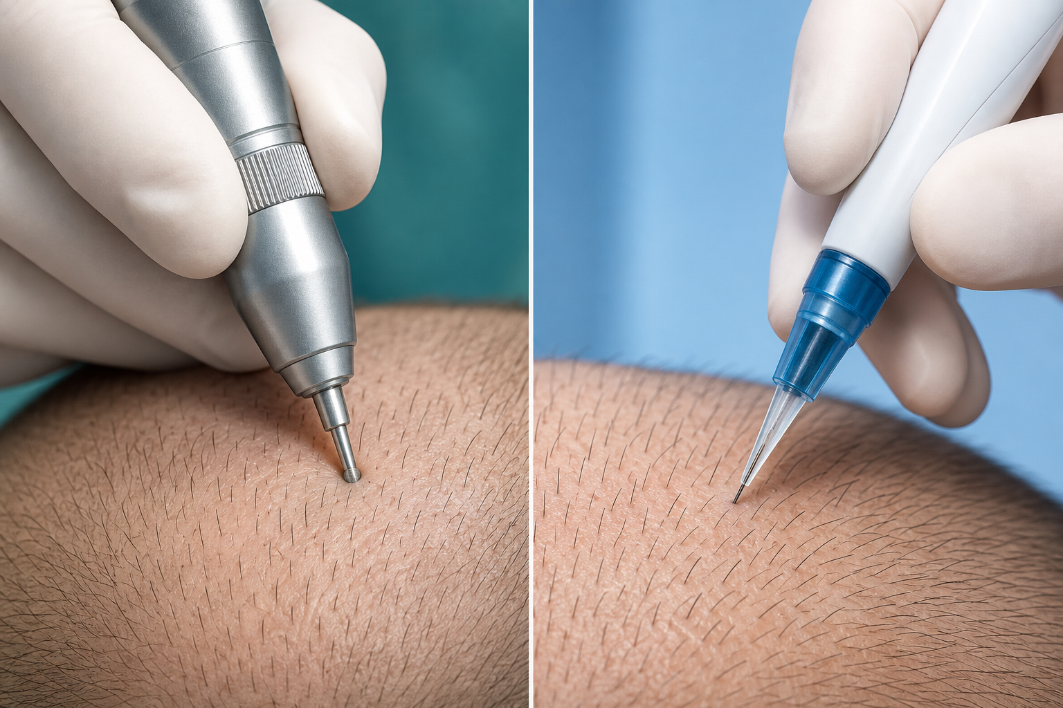 FUE vs DHI hair transplant comparison — micromotor punch tool next to a DHI Choi implanter pen